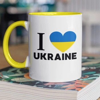 Чашка керамическая с патриотическим принтом "I Love UKRAINE" 330 мл для напитков белая с желтой ручкой на подарок