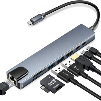 USB Type-C Переходник Хаб концентратор 8 в 1 HDMI SD TF RJ45 для Windows Android OTG Macbook type с адаптером тайп си для ноутбука макбука смартфона планшета пк разветвитель подключения флешки мышки клавиатуры