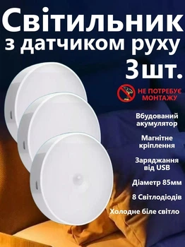 LED Нічник світильник 3 штуки в наборі з датчиком руху (Холодне біле світло) — USB заряджається, для кухні, шафи, сходів, бездротовий, Білий