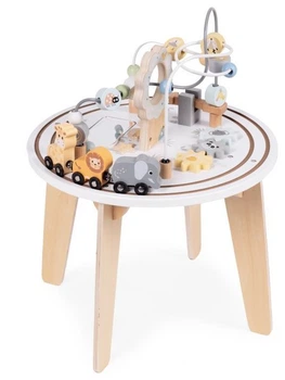 Stolik edukacyjny interaktywny drewniany dla dzieci EcoToys 5 w 1 Labirynt, mula, kolejka, lusterko (5905817007561)