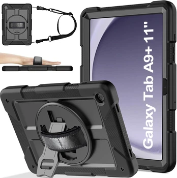 Противоударный чехол с подставкой 360° и ремешком на Samsung Galaxy Tab A9+ Plus 5G SM-X216 / Wi-Fi SM-X210 11" (Чёрный)