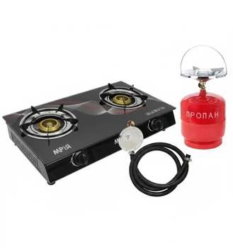 Плита-таганок газовая настольная Мрія 2 Стекло с баллоном 8 л ( подключение 3м шланга, редуктор, хомуты)