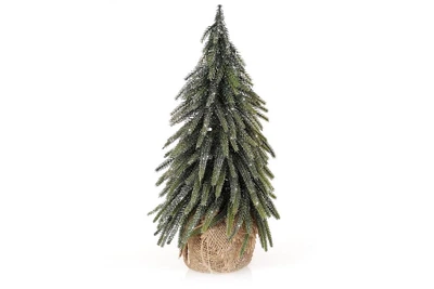 Елка декоративная с серебряной присыпкой в джутовом мешочке, 35см (122-F72)