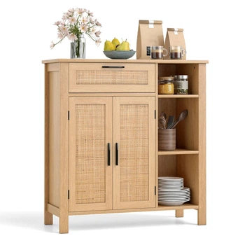Кухонный комод Costway с ящиком, плетеными дверцами и 3 боковыми полками, 75×30×80 см, натуральный