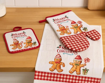 Різдвяний подарунковий набір для кухні Ardesto Christmas Gingerbread 3 шт: рушник, прихватка, рукавичка ART14HGR