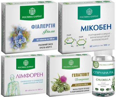 Програма при алергії Фіалергін, Спіруліна Р.К., Гепатовіт, Мікобен, Лімфорен, "Рослина Карпат".