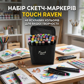 Набор маркеров двусторонних для рисования скетчинга Touch Raven 48 шт комплект детские цветные двусторонние скетч фломастеры на спиртовой основе в тканевом чехле футляре