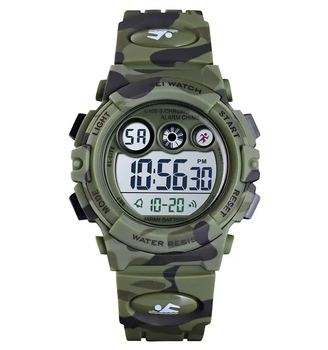 Детские спортивные часы pro version Skmei 1547 Kids зеленый камуфляж для мальчиков с будильником и секундомером (IS-OP_22-G)