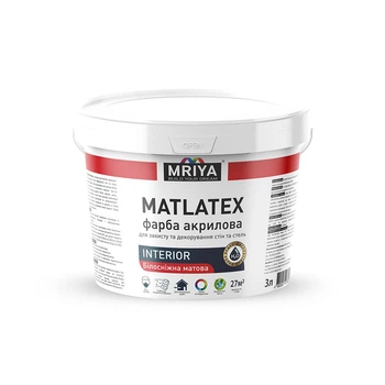 Краска акриловая Белая матовая 3 л 4 кг интерьерная стойкая к мытью MATTLATEX ТМ MRIYA