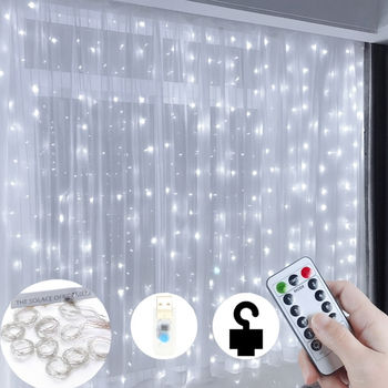 Світлодіодна гірлянда-штора 3×3 м, 300 LED, з пультом, 8 режимів, USB, біле світло
