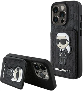 Etui Karl Lagerfeld Saffiano Cardslots and Stand Monogram Ikonik Patch do Apple iPhone 15 Pro Max Black (KLHCP15XSAKKNSCK)