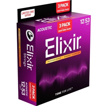 Струны для акустической гитары Elixir 3 Pack 16545 Nanoweb Phosphor Bronze Light 12/53