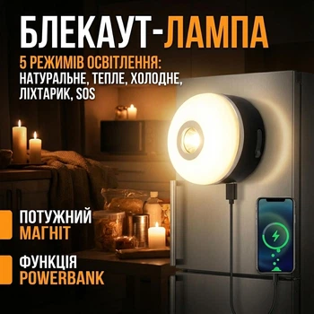LED лампа на акумуляторі 3600 mAh + Powerbank, магніт, 5 режимів — аварійне освітлення при відключенні світла чорна