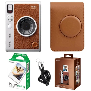 Подарунковий набір Камера для миттєвого друку Fujifilm INSTAX MINI EVO Hybrid Cognac / Коричневий вертикальний чохол / Картриджі на 10 фото
