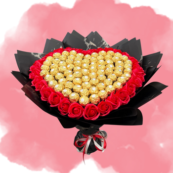 Букет из конфет Ferrero Rocher "Golden Heart of Roses" и красных мыльных роз в подарок