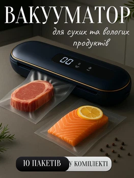 Вакууматор для сухих та вологих продуктів 90 Вт з перехідником 10 пакетів у комплекті настільний вакуумний пакувальник для мʼяса риби овочів фруктів збереження свіжості їжі для дому колір Темно-синій