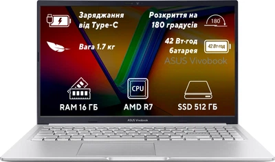 Ноутбук ASUS Vivobook 15 M1502YA-BQ580 (90NB0X22-M00VK0) Cool Silver / 15.6" IPS / AMD Ryzen 7 5825U / RAM 16 ГБ / SSD 512 ГБ / Підсвітка клавіатури