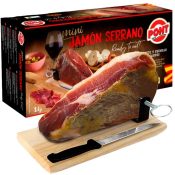Хамон міні Подарунковий PONT Mini Jamon Serrano набір в коробці з підставкою-дошкою хамонейро та ножем 1 кг