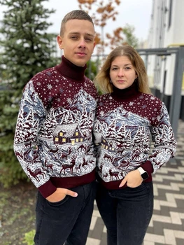 Светр Snowy forest новорічний унісекс вовняний M бордо (26590)