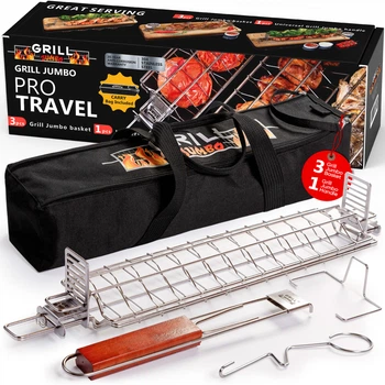 Grill Jumbo Pro Travel Set — набор решёток и корзин с регулируемой сеткой для приготовления на углях, газовом гриле, тандыре, коптильне и барбекю — для дома и активного отдыха (набор из 3 комплектов для гриля с сумкой)