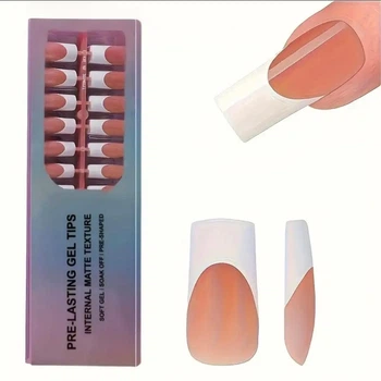 Гелевые типсы для наращивания Soft Gel с французским маникюром глянцевые квадрат L 150 шт бежевые с белым френчем (122)
