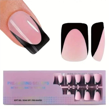 Гелеві тіпси для нарощування Soft Gel французький манікюр глянцеві короткий Квадрат S 150 шт блідо-рожеві з глибокою чорною лінією френча (124)