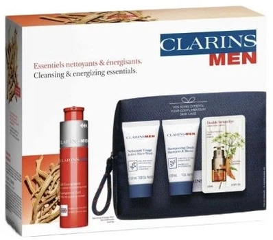 Набір для догляду Clarins Men Energizing гель для обличчя 50 мл + гель для вмивання 30 мл + шампунь 30 мл + сироватка для очей 0.9 мл + косметичка (3666057143946)