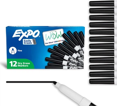 Набір маркерів EXPO Dry Erase, чорні, тонкий наконечник, 12 шт — для білих дошок, офісу та навчання (071641860018)