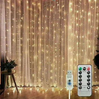 Новогодняя гирлянда штора Капля росы 3х3 м от USB, 300 LED с пультом ДУ белый тёплый (Желтый) цвет
