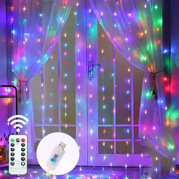 Новогодняя гирлянда штора Капля росы 3х2 м от USB, 200 LED с пультом ДУ Разноцветная RGB
