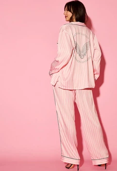 Пижама Victoria's Secret Backstage Satin Sparkle Long Pajama Set Pink Stripe размер M