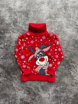 Светр дитячий Snowy deer теплий з високим горлом 9-10 років 134-140 зріст червоний (26594)
