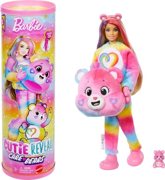Кукла Barbie Cutie Reveal Care Bears Mini Bear - Барби в плюшевом в костюме Медвежонка Вместе серия 2 с мини-медвежонком (JFV60) - Игровой набор Mattel