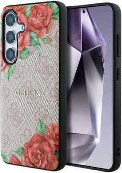 Панель Guess 4G Flowers Print Metal Classic Logo MagSafe для Samsung Galaxy S25 Pink (3666339449285)