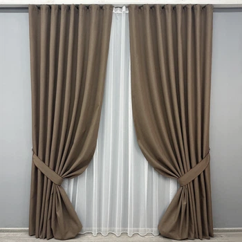 Комплект штор VR-Textil 100% блэкаут ASHEN NIGHT 150х270 2шт и Тюль 400х270 1854ш-1153т коричневый с белым 71-094/3