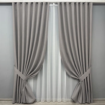 Комплект штор VR-Textil 100% блэкаут ASHEN NIGHT 150х270 2шт и Тюль 400х270 1850ш-1153т бежево-серый с белым 71-091/3
