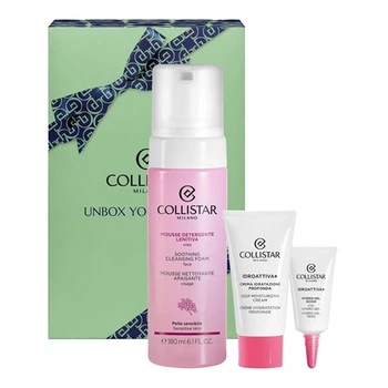 Набір Collistar XMas 2025 Soothing Cleansing Foam заспокійлива пінка для очищення обличчя 180 мл + Idroattiva+ насичений зволожувальний крем 25 мл + Idroattiva+ Eye Hydro-Gel зволожувальний гель для шкіри навколо очей 5 мл (8015150009508)