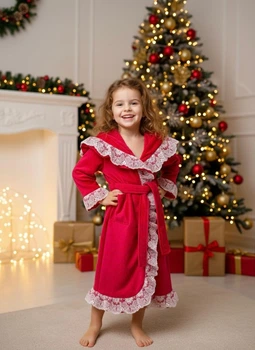 Дитячий халат для дівчинки Family Tradition велюрова махра з вишивкою та мереживом 116 см червона Червоненька квіточка