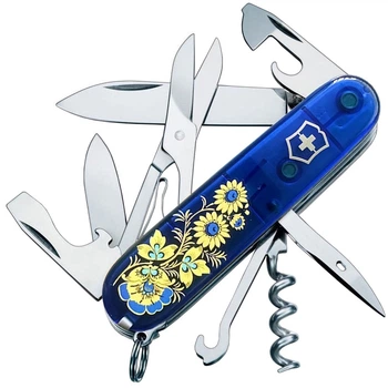 Ніж складаний, мультитул Victorinox Climber Ukraine (91мм, 14 функцій), синій, квіти 1.3703.T2_T1050u
