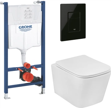Інсталяція Grohe Rapid SL Solido 38971000 + панель змиву Even 38966KV0 чорна глянцева + унітаз підвісний Kroner  Eifel WHI483429 Tornado з сидінням Slim Soft Close дюропласт (38971966KV0KE48T)