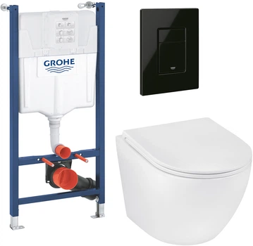 Инсталляция Grohe Rapid SL Solido 38971000 + панель смыва Even 38966KV0 черная глянцевая + унитаз подвесной Kroner Harz WHI493736 Rimless с сиденьем Soft Close дюропласт (38971966KV0KH49R)