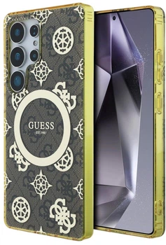 Etui Guess 4G Background Gold Electroplated Peony Pattern MagSafe do Samsung Galaxy S25 Ultra Brown (3666339449728)