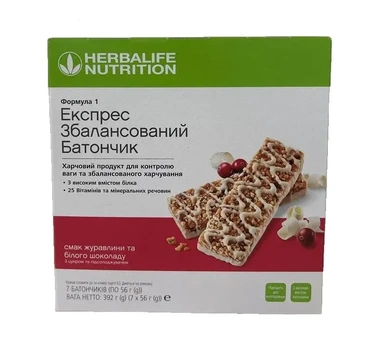 Экспресс сбалансированный батончик Формула 1 "Вкус клюква с белым шоколадом" 7 шт 392 гр Гербалайф белковый перекус