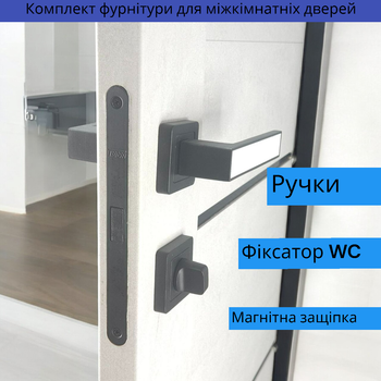 Комплект черной дверной ручки для деревянных дверей с магнитным замком и фиксатором WC TRION CARMEN AL-74 Blak