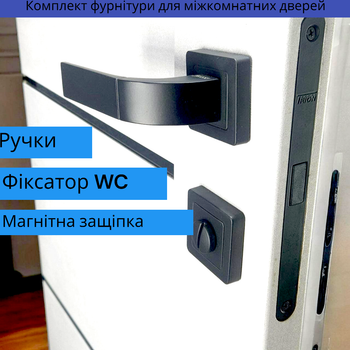 Комплект черной дверной ручки для межкомнатных дверей с магнитным замком и фиксатором WC TRION ELIOS AL-74Blak
