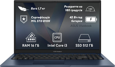 Ноутбук ASUS Vivobook 15 X1504VA-BQ499 (90NB10J1-M00PH0) Quiet