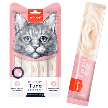 Ласощі для котів Wanpy Creamy Lickable Treats Tuna & Shrimp ВАНПІ ТУНЕЦЬ З КРЕВЕТКАМИ рідкі ласощі для котів 14 г (5 шт)