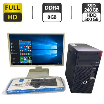 Комплект ПК: компьютер Fujitsu Esprimo P558 E85 Tower / Intel Core i3-8100 (4 ядер по 3.6 GHz) / 8 GB DDR4 / 240 GB SSD + 500 GB HDD / Intel UHD Graphics 630 + Монитор Б-класс Acer B246HL / 24" (1920x1080) TN + Клавиатура, мышка, кабели б/у