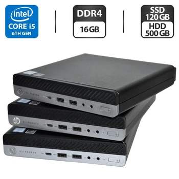 Неттоп HP EliteDesk 800 G3 Desktop Mini USFF / Intel Core i5-6500T (4 ядра по 2.5 - 3.1 GHz) / 16 GB DDR4 / 120 GB SSD + 500 GB HDD / Intel UHD Graphics 630 / USB Wi-Fi / Windows 11 Pro б/у