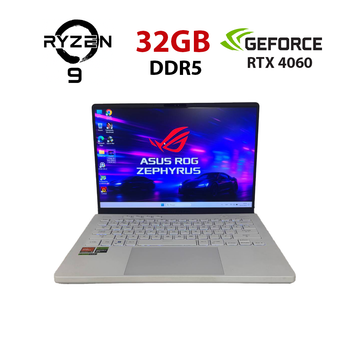 Ігровий ультрабук Asus ROG Zephyrus G14 GA402XV White / 14" (2560x1600) IPS / AMD Ryzen 9 7940HS (8 (16) ядер по 4,0 - 5,2 ГГц) / 32 ГБ DDR5 / 1000 ГБ SSD NVMe / nVidia GeForce RTX 4060, 8 ГБ GDDR6, 128-біт / Веб-камера б/в